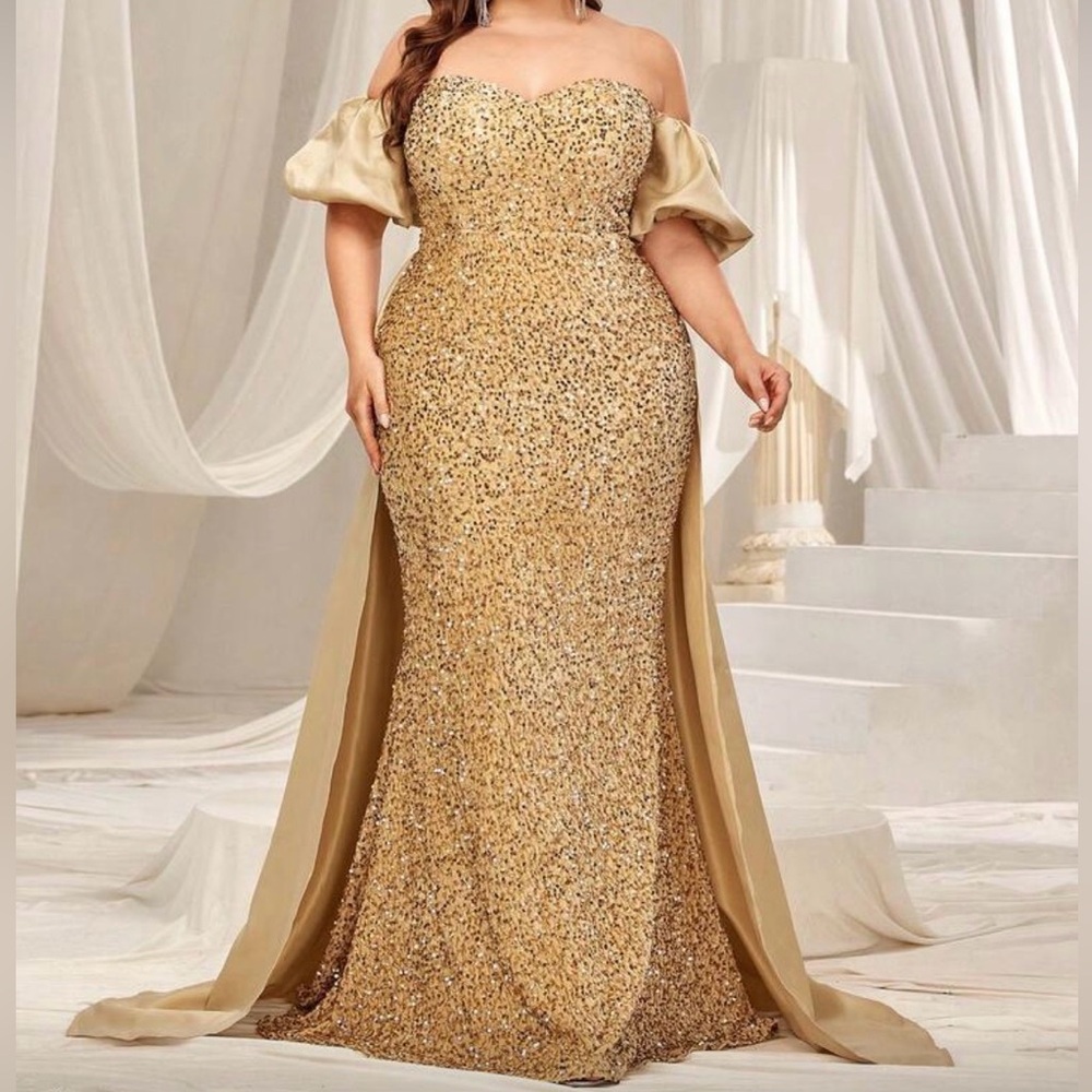 #117 Champagne Satin & Gold sequin Velvet Ball Gown-3X/Size 22/24